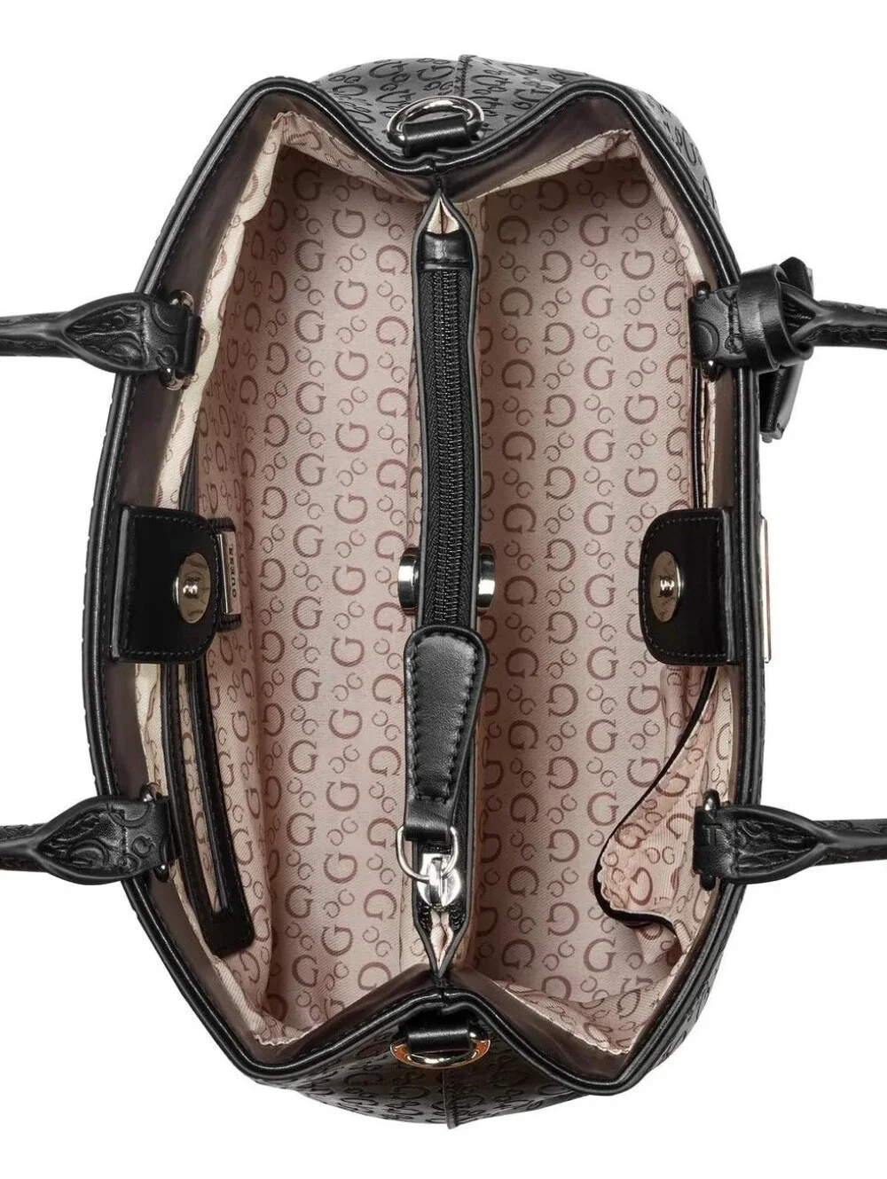 GUESS Black Embossed Logo Satchel with Detachable Strap
